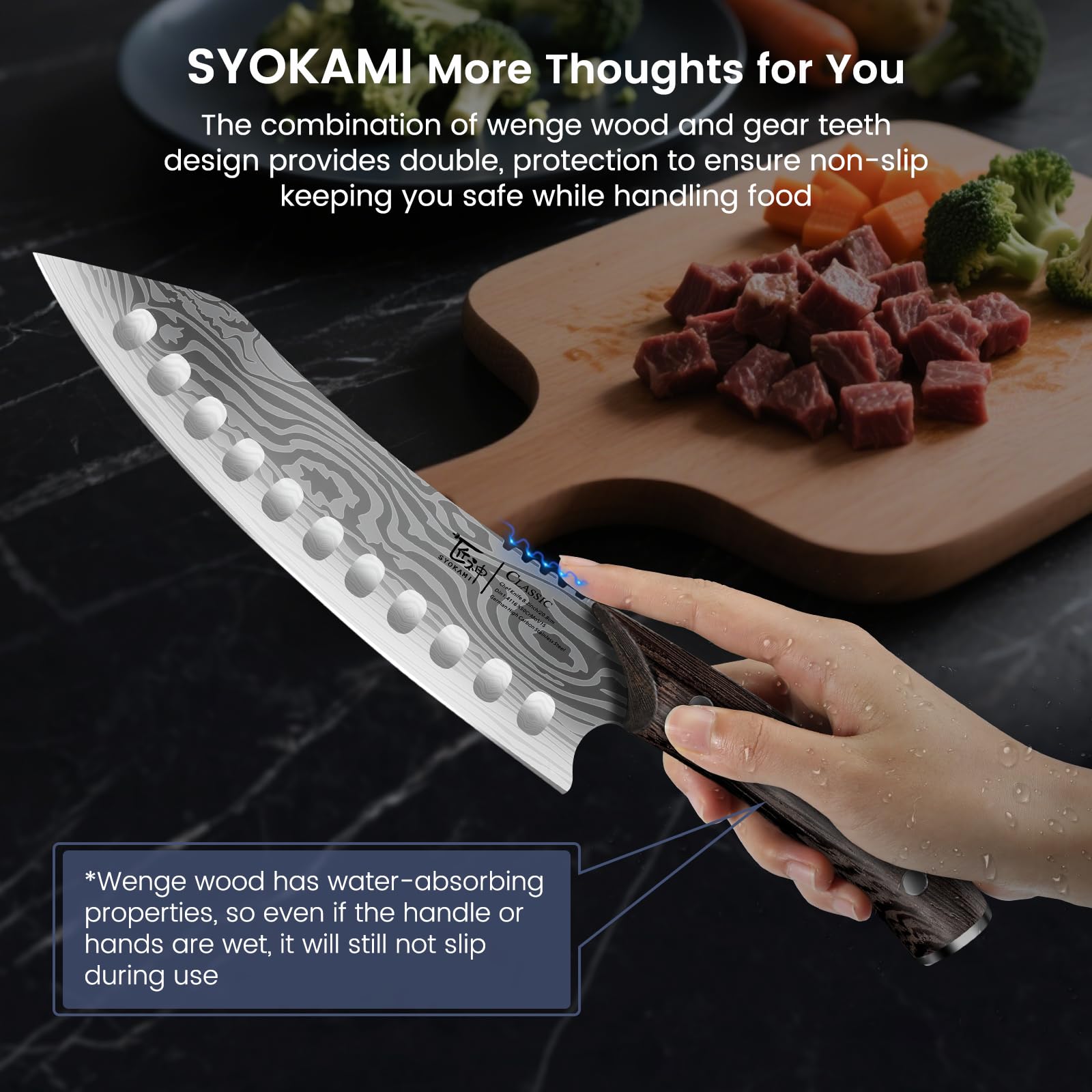 SYOKAMI Kiritsuke knife guarded grip design helps prevent slips in wet kitchen scenarios.
