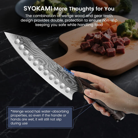 SYOKAMI Kiritsuke knife guarded grip design helps prevent slips in wet kitchen scenarios.