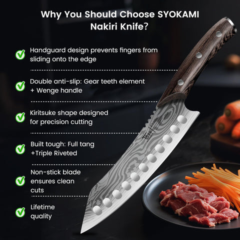 SYOKAMI blade forged from high-carbon German steel for durable, long-lasting sharpness.