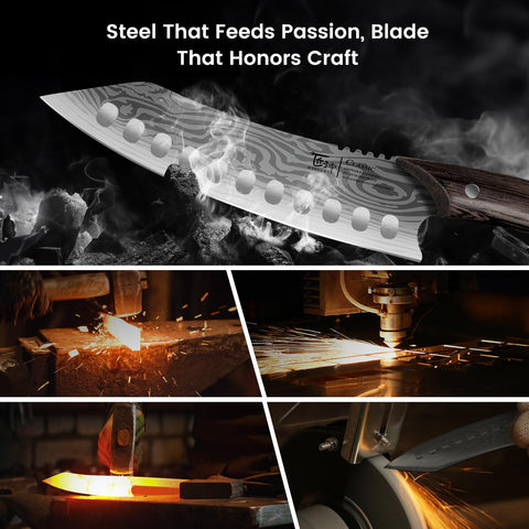 SYOKAMI Damascus pattern aesthetic adds style to professional kitchen tools.