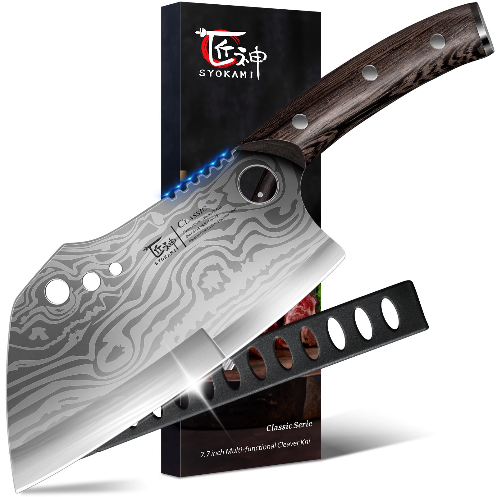 SYOKAMI meat cleaver knife with 7.7 inch blade showing Damascus pattern for versatile chopping