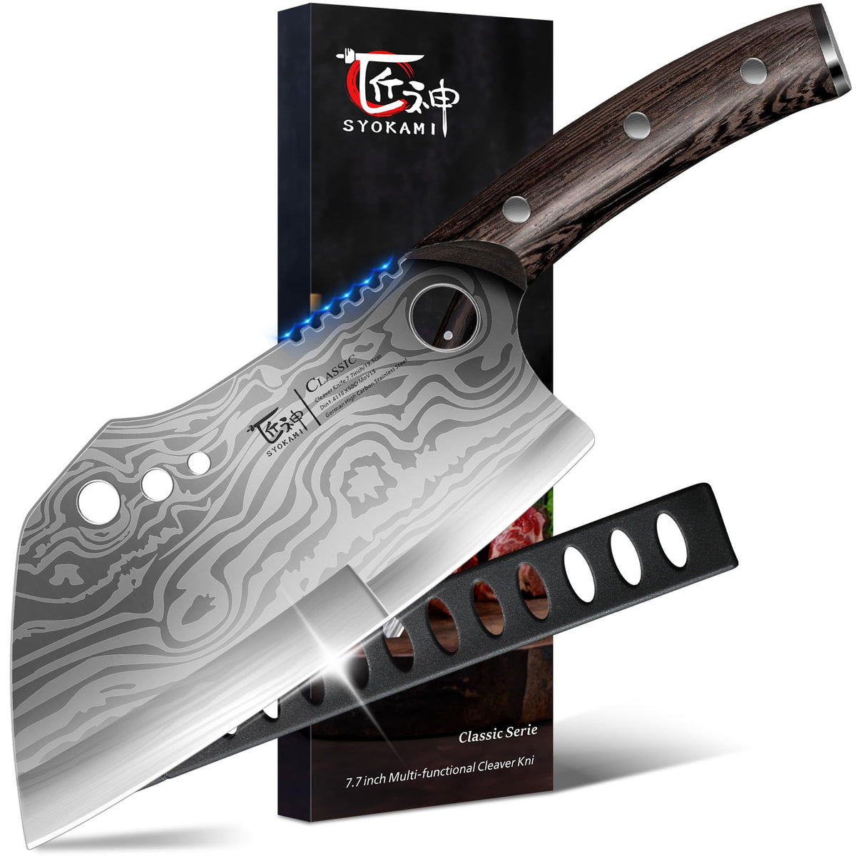 SYOKAMI meat cleaver knife with 7.7 inch blade showing Damascus pattern for versatile chopping