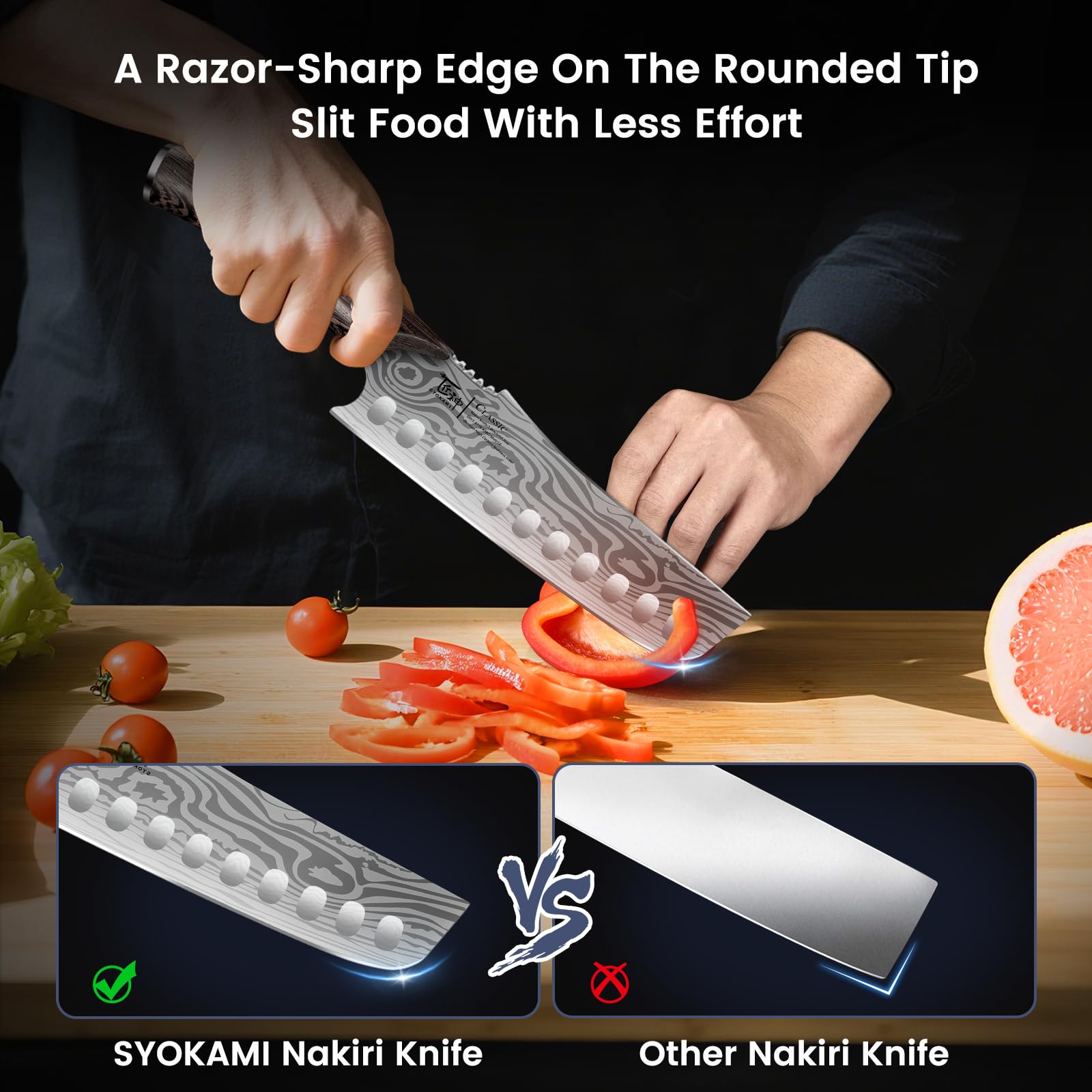SYOKAMI Nakiri with Damascus pattern highlights craftsmanship for sharp slicing.
