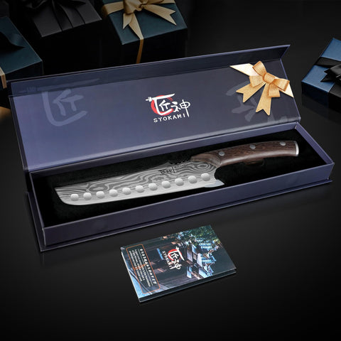 SYOKAMI Nakiri in use on a cutting board demonstrates versatile vegetable prep.