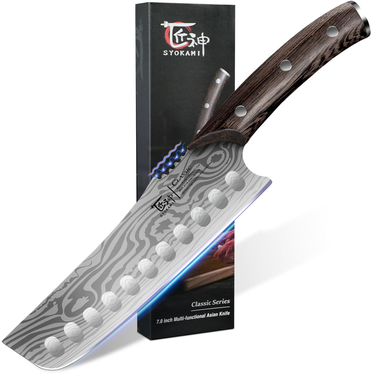 SYOKAMI Nakiri knife blade close-up demonstrates precise vegetable cuts.