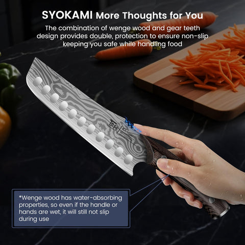 SYOKAMI Nakiri safety guard design improves grip safety in busy kitchens.