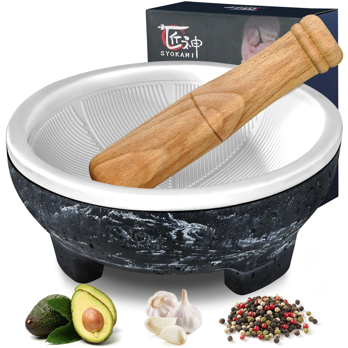 SYOKAMI no-rock powder mortar and pestle set on a kitchen counter for quick, clean grinding.