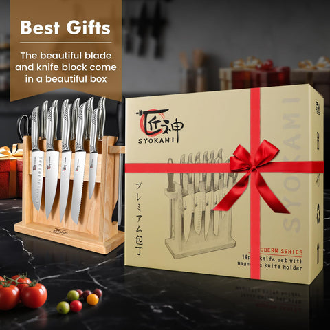 SYOKAMI razor-sharp blades enable precise slicing of vegetables and meat.