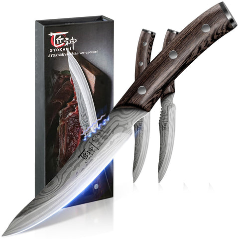 SYOKAMI steak knife blade close-up with Damascus pattern for precise slicing