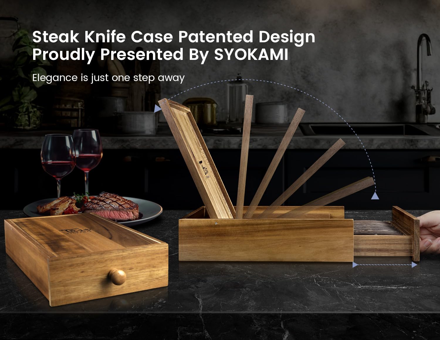 SYOKAMI steak knife blade close-up showing precision 4-8 inch edge for clean slices.