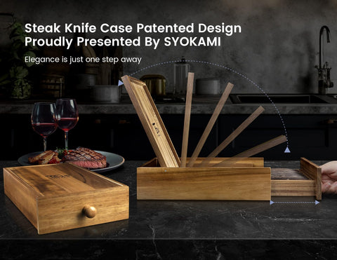 SYOKAMI steak knife blade close-up showing precision 4-8 inch edge for clean slices.