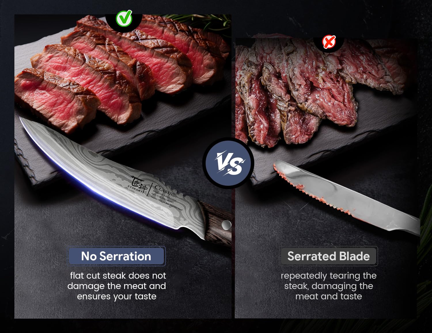 SYOKAMI steak knives on table setting illustrate elegant dining experience.