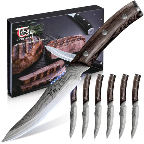SYOKAMI steak knives set of 6 with Damascus-pattern blade for precise slicing