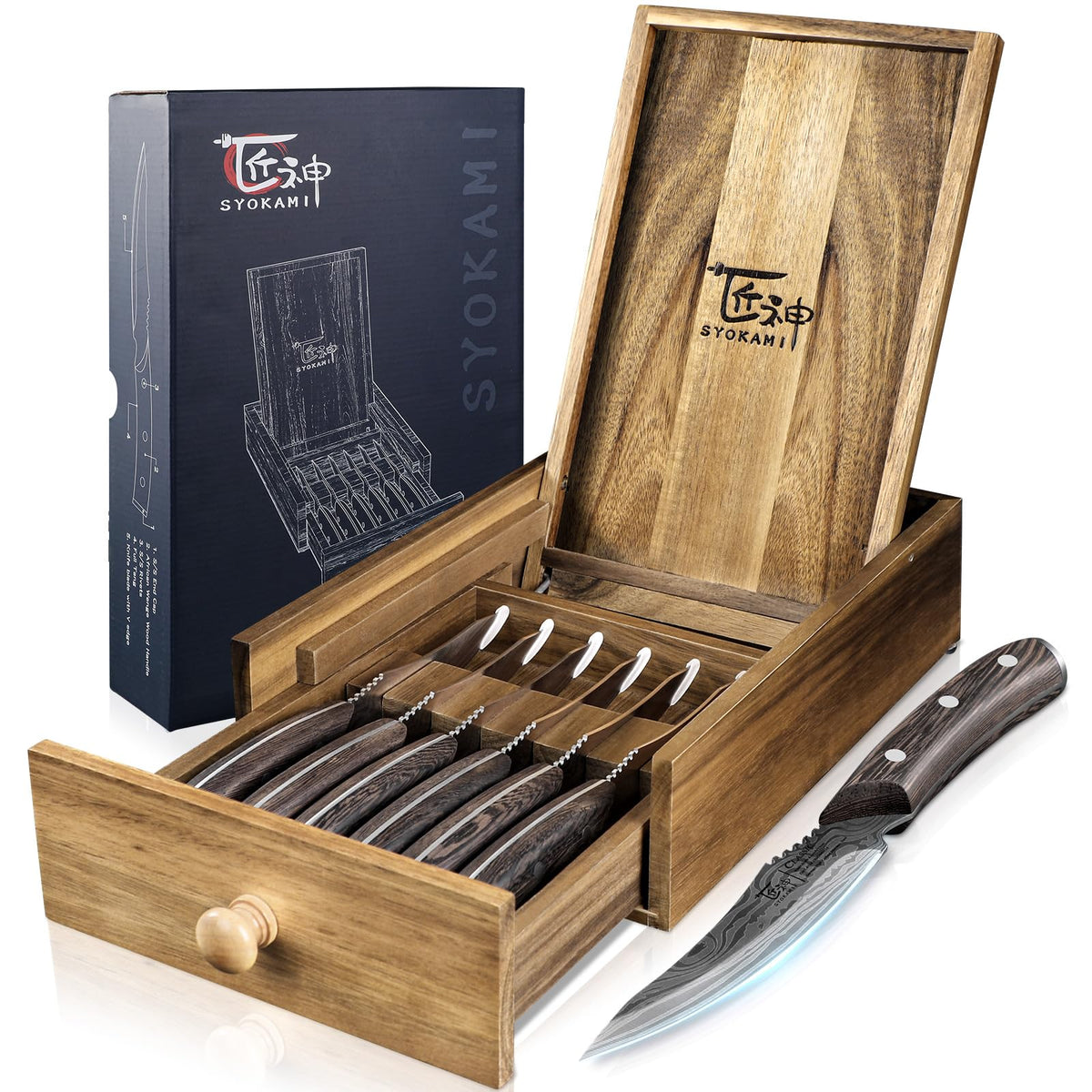 SYOKAMI steak knives set with drawer organizer for easy storage and quick access.