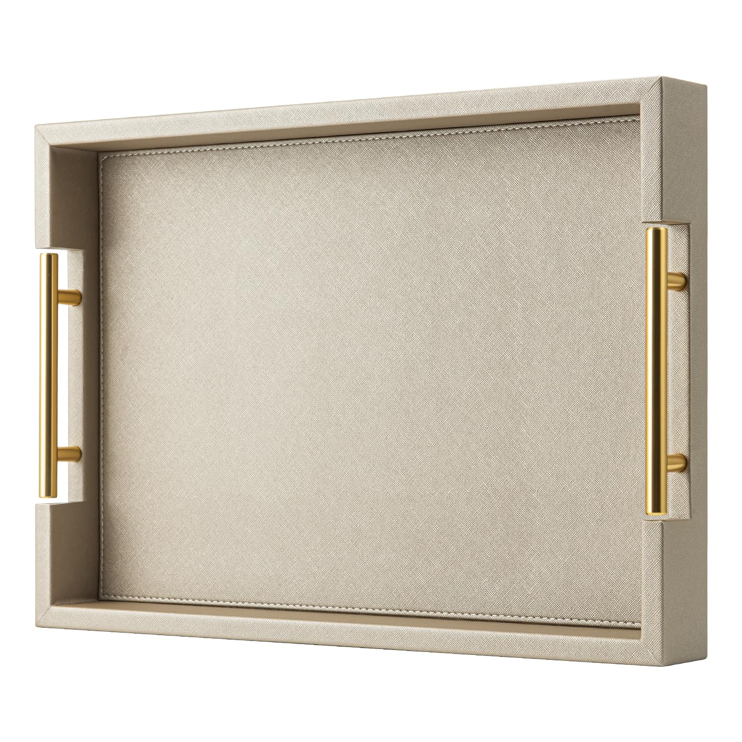 SYYSY Champagne faux leather tray with handles for stylish serving on a coffee table.
