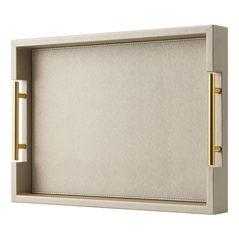 SYYSY Champagne faux leather tray with handles for stylish serving on a coffee table.