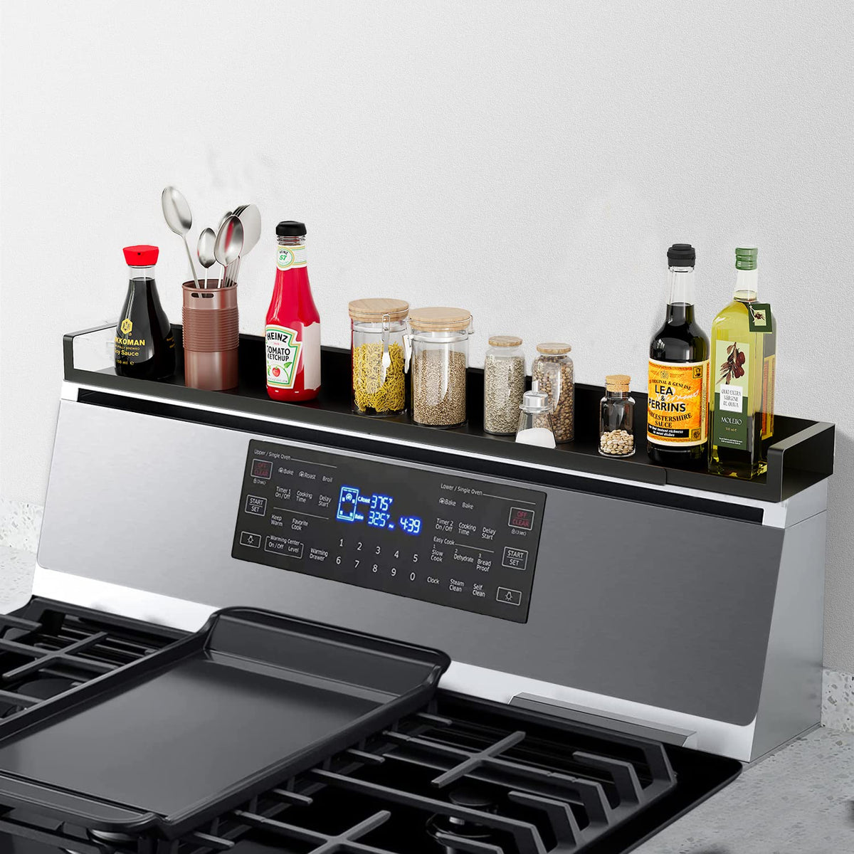SZJHXIN magnetic stovetop shelf extended length on stove for easy spice access.