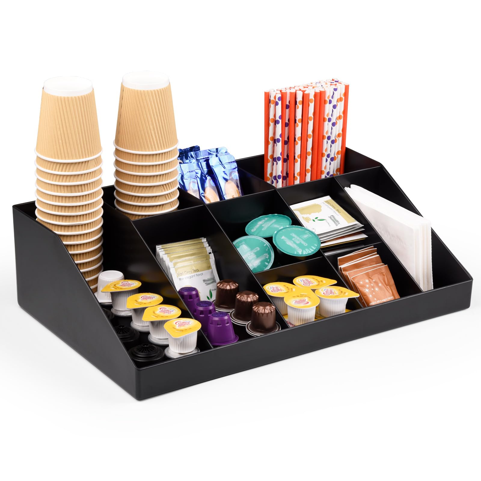 SZQINJI coffee condiment organizer front view with 10 compartments for cups and pods