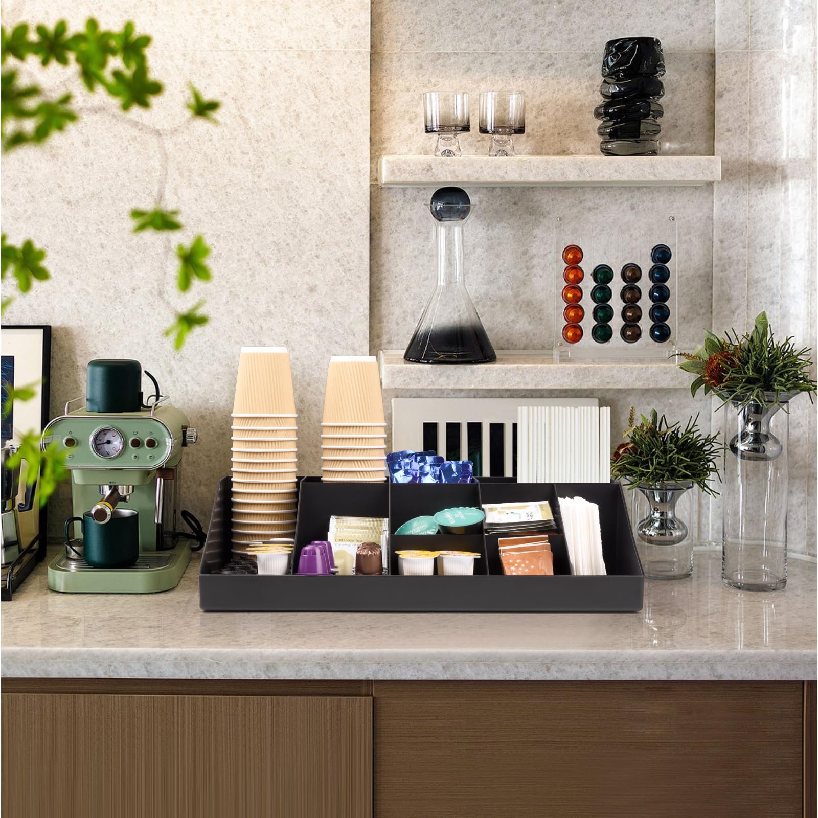 SZQINJI space-saving organizer with spoons, stirrers, napkins, and sugars