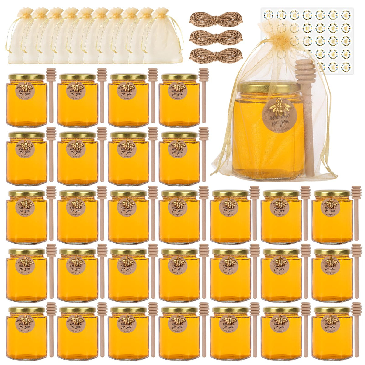 SZUAH 6 oz hexagon honey jar with dipper for wedding favors.