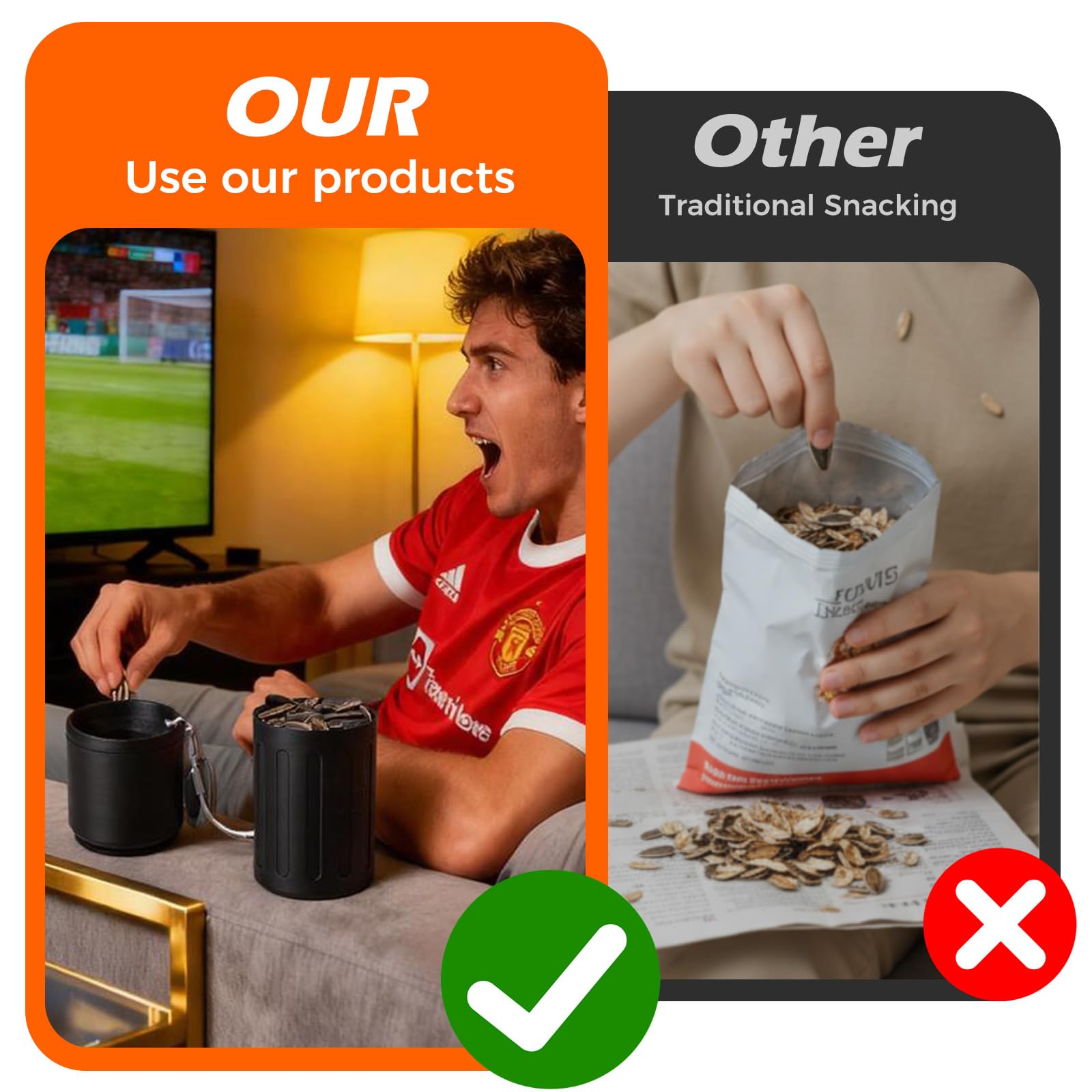 TAAMOG seed cup shell storage open demonstrates quick shell dumping after snacks.