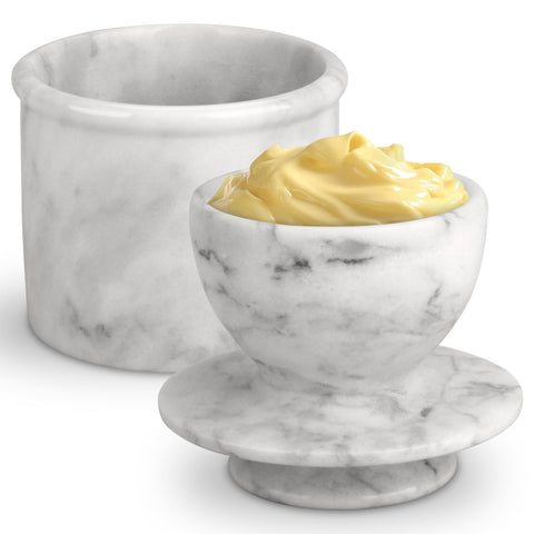 TABHOUKIT butter crock lid on white-grey marble keeps butter fresh on your counter