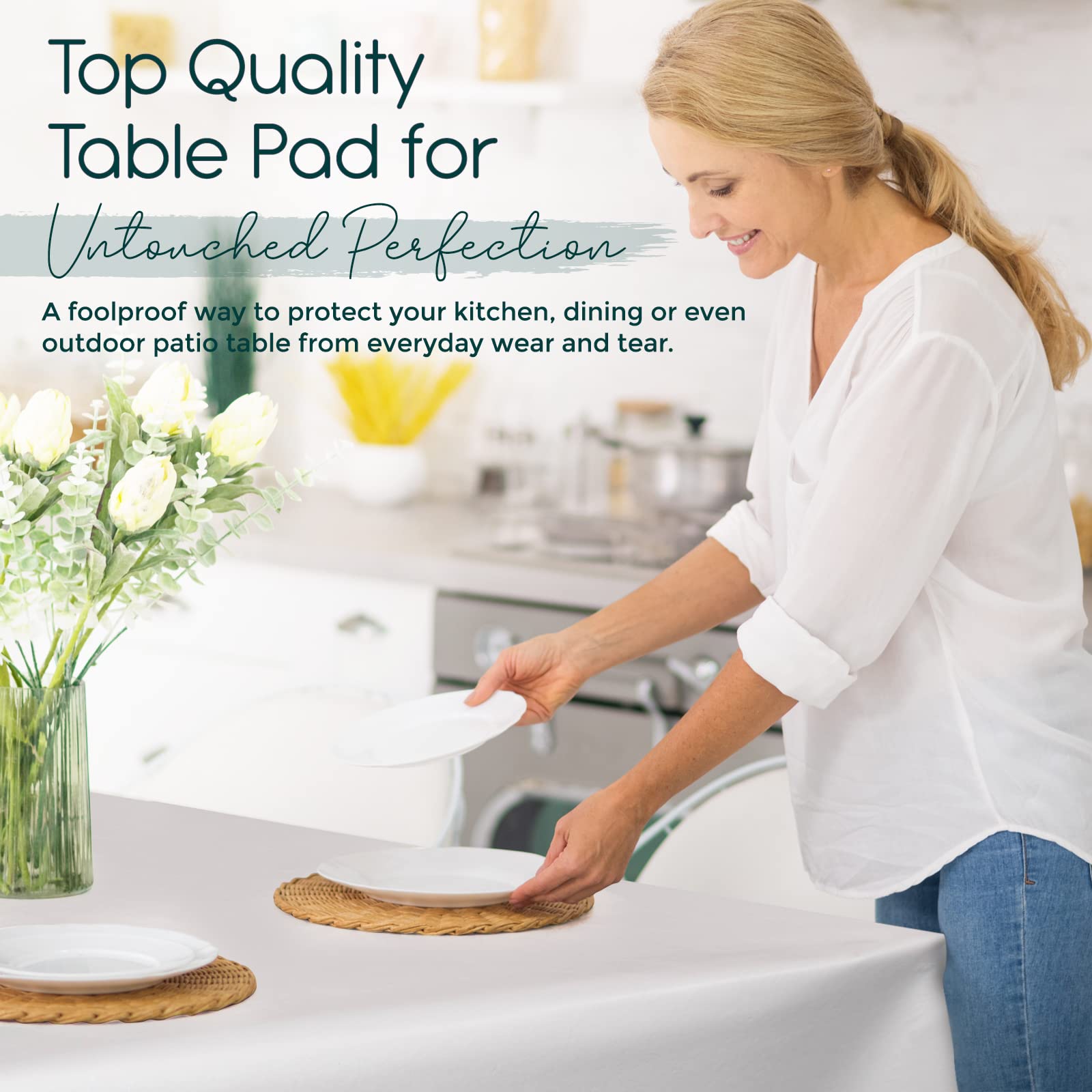 Tablecloths by Design cushion-flannel backing adds soft, quiet protection during meals.