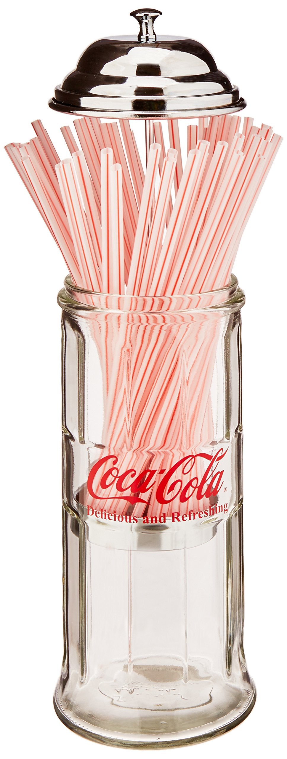 TableCraft Coca-Cola glass straw dispenser closeup chrome lid highlighting durable metal finish for everyday use.