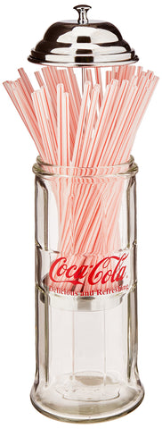 TableCraft Coca-Cola glass straw dispenser closeup chrome lid highlighting durable metal finish for everyday use.