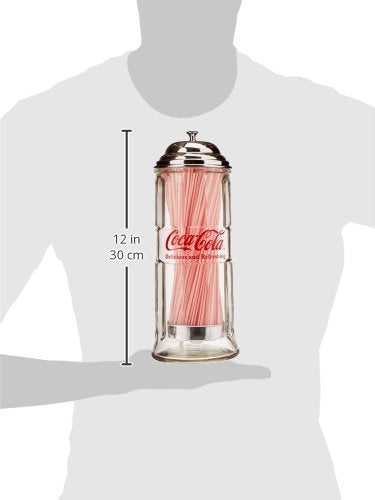 TableCraft Coca-Cola glass straw dispenser in use on table during casual gathering.
