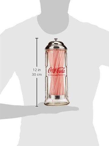 TableCraft Coca-Cola glass straw dispenser in use on table during casual gathering.