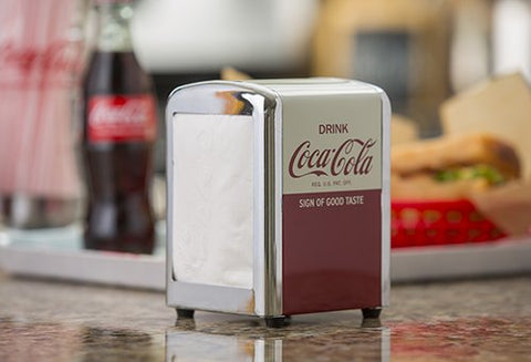 Tablecraft Coca-Cola napkin dispenser top view emphasizing stainless steel build