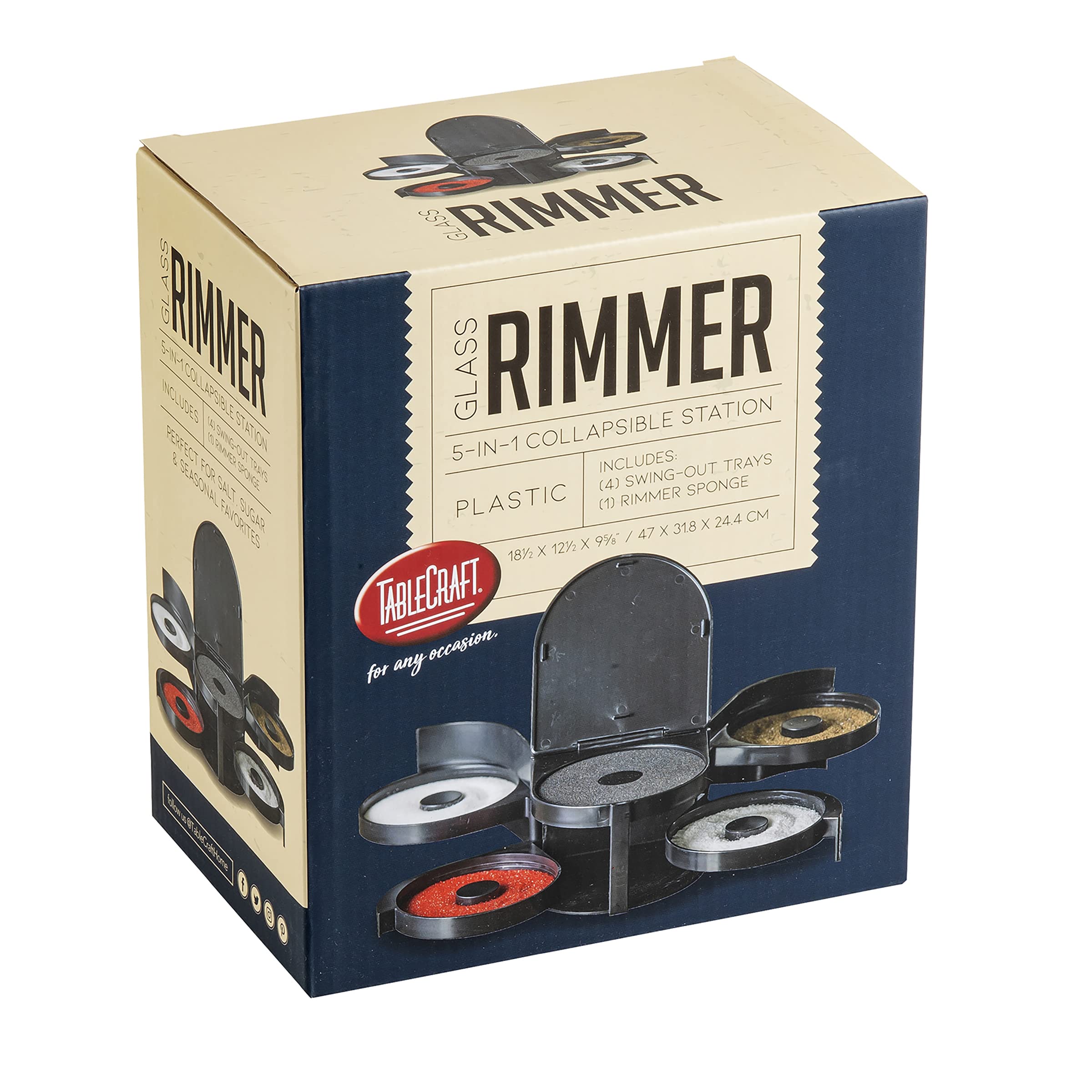 Tablecraft Black finish rimming station fits compact home bars and saves counter space.