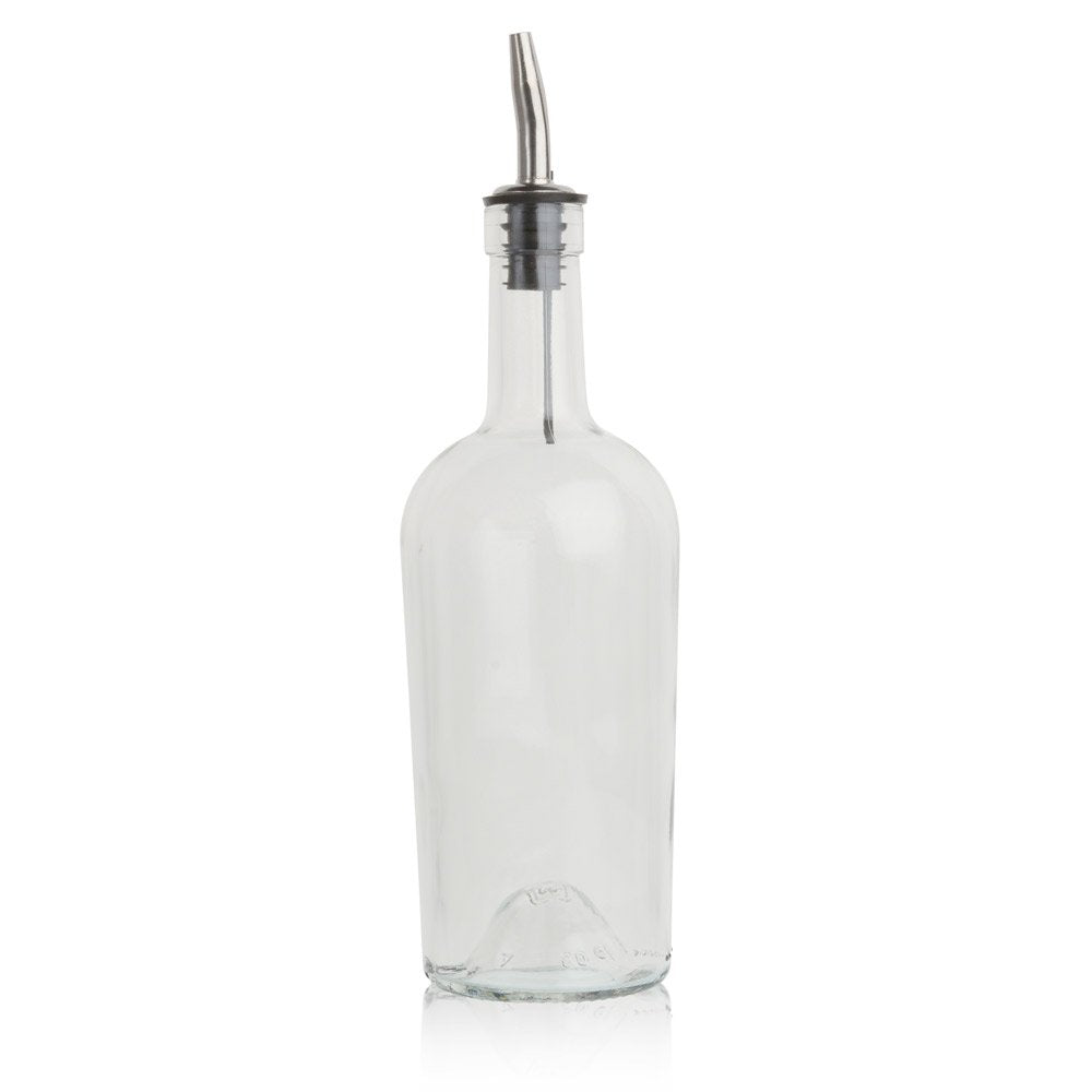 Tablecraft glass syrup bottle with vented pourer for controlled drizzle of oils and dressings.