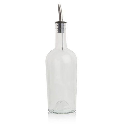 Tablecraft glass syrup bottle with vented pourer for controlled drizzle of oils and dressings.