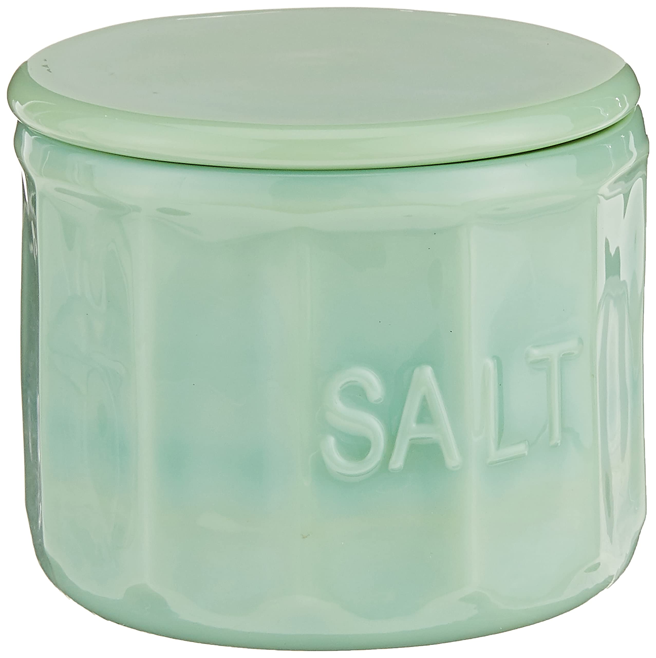 Tablecraft salt cellar with lid in jadeite green glass, compact and elegant