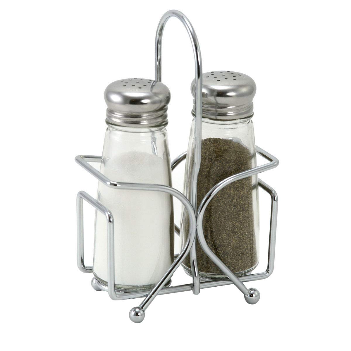 TableCraft salt and pepper shakers with rack, ideal for tabletop seasoning at gatherings.