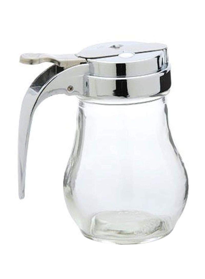 Tablecraft syrup dispenser with clear glass and chrome top for easy, mess-free pouring.