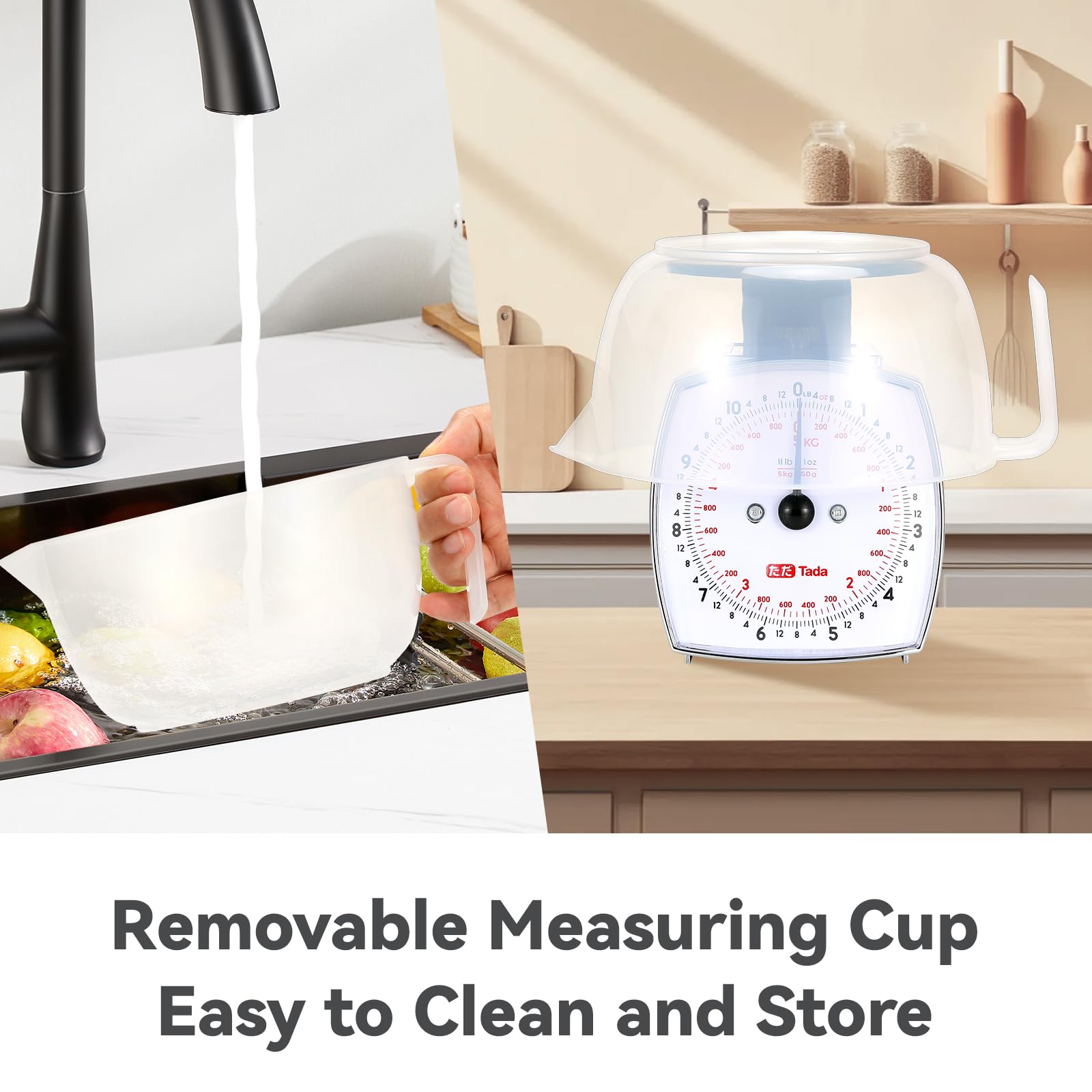 TADA 11lb scale measuring cup removed shows compact kitchen storage.