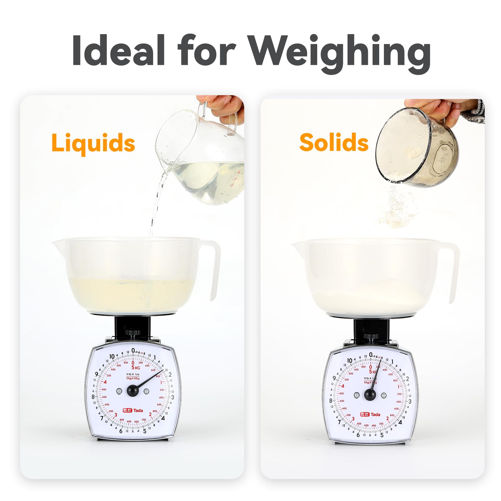 TADA 11lb scale with removable cup demonstrates convenient, clean measuring of liquids.