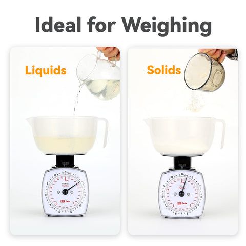 TADA 11lb scale with removable cup demonstrates convenient, clean measuring of liquids.