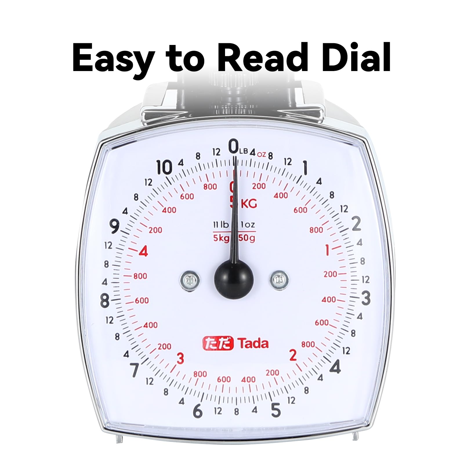 TADA analog scale dial closeup highlighting easy-to-read mechanical measurement.
