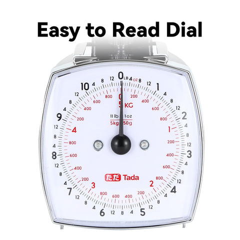 TADA analog scale dial closeup highlighting easy-to-read mechanical measurement.