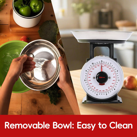 TADA mechanical dial readout helps monitor ingredient weight at a glance.