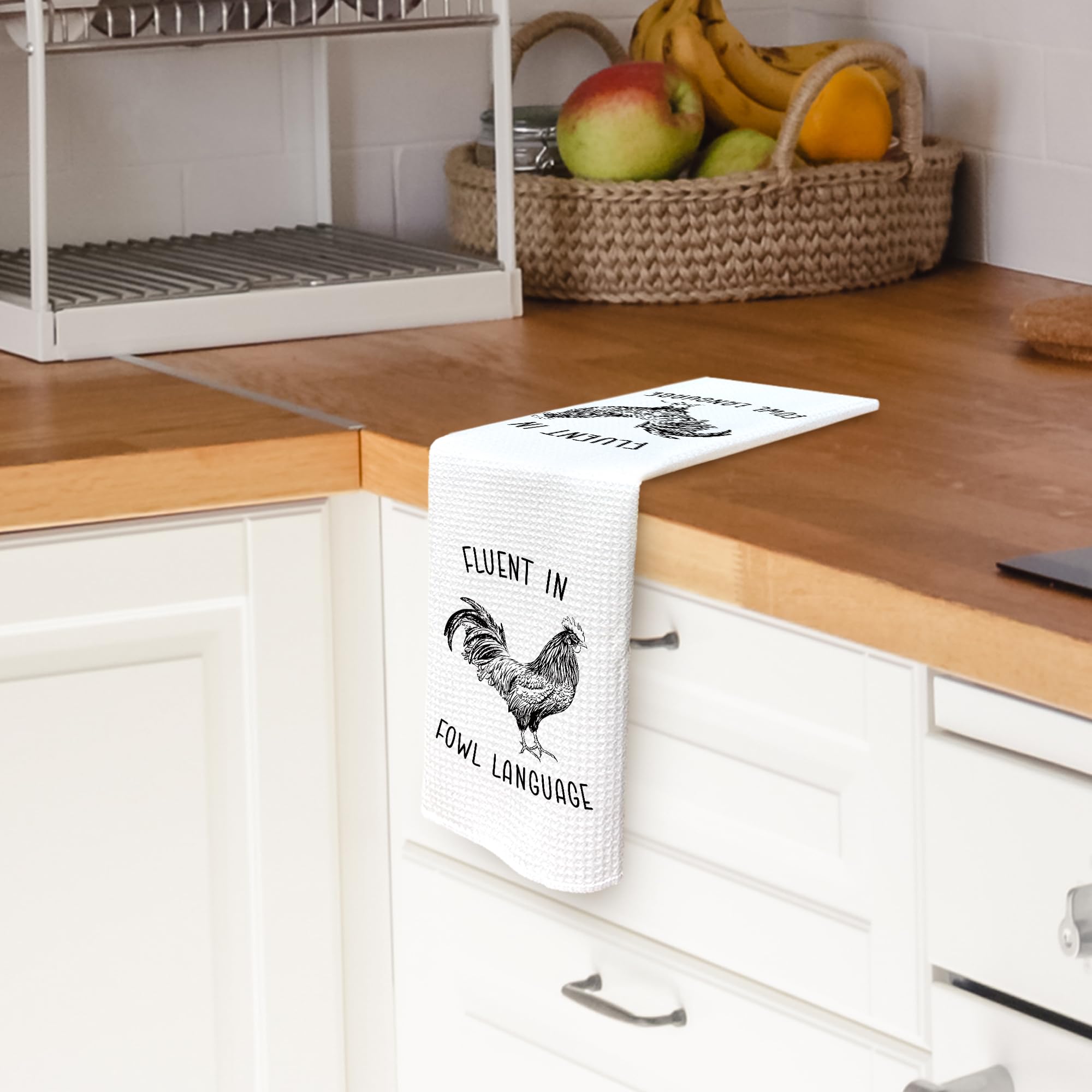 TAEDIN chicken kitchen towel pattern closeup showing playful farm motifs for chic decor.