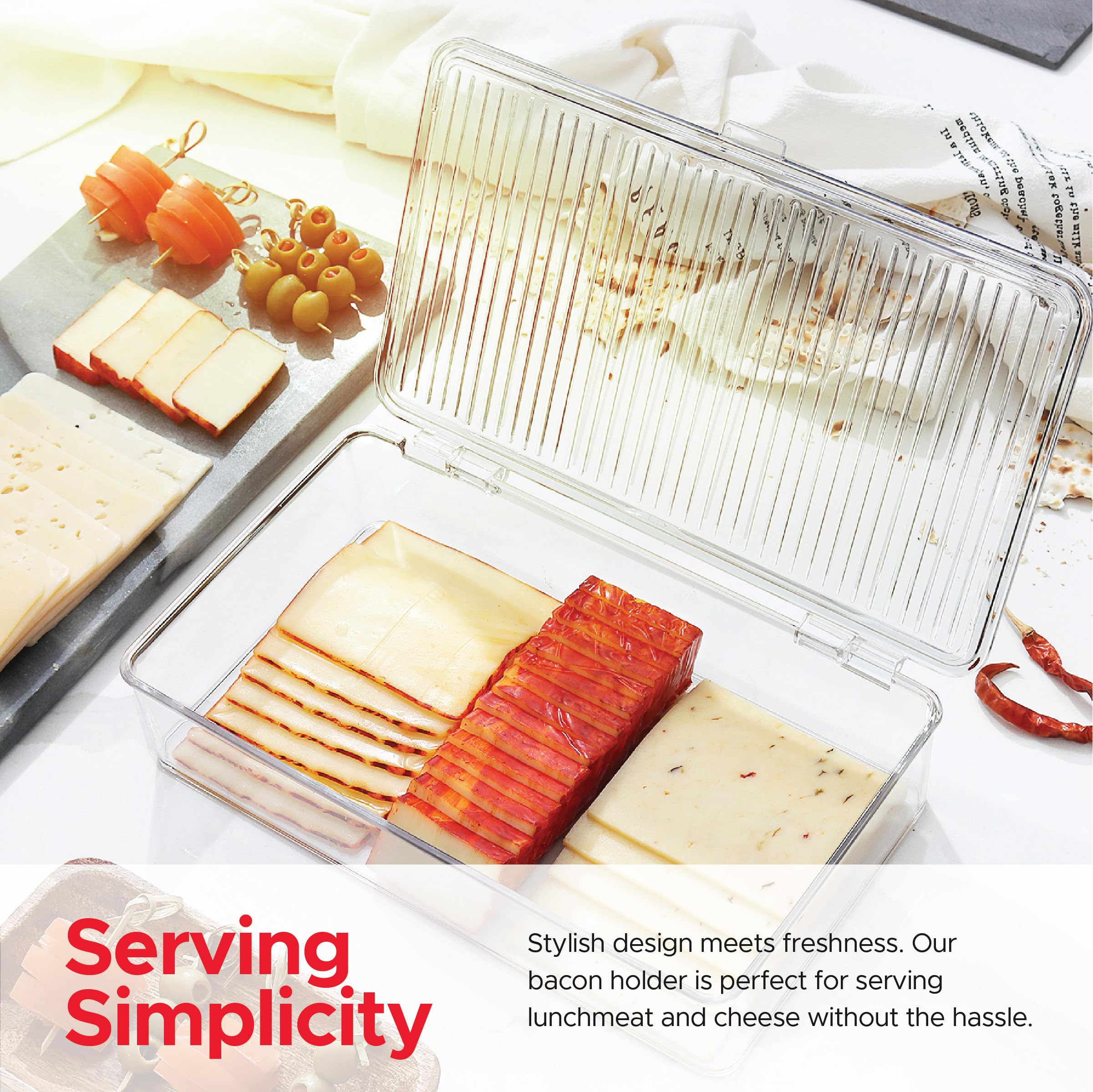 Tafura bacon bin in fridge with clear view for quick portioning.