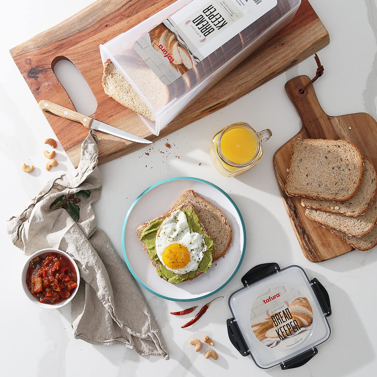 Tafura bread container on kitchen counter keeps loaves organized