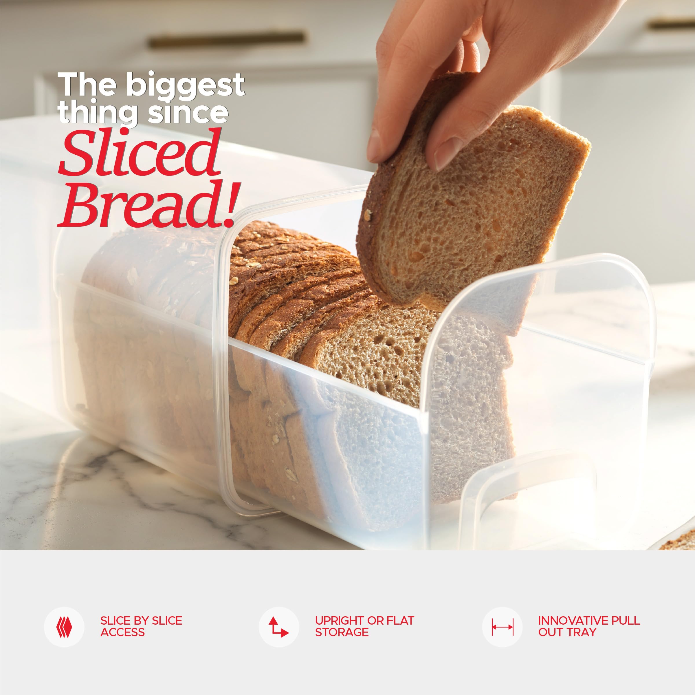 Tafura bread holder fits loaves, bagels, and baguettes on counter or in freezer