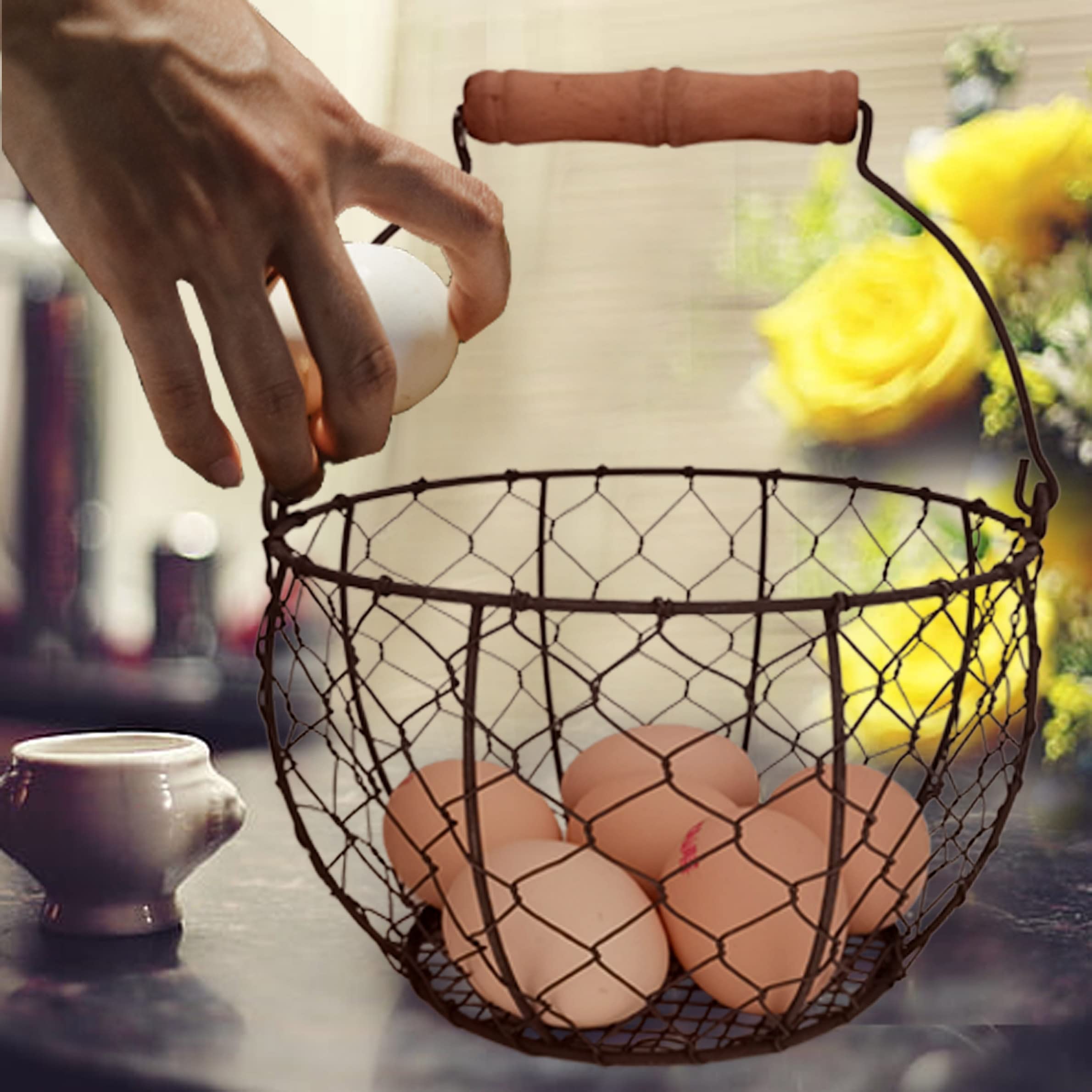 TAIANLE round metal egg basket displayed on a kitchen counter for organized storage.