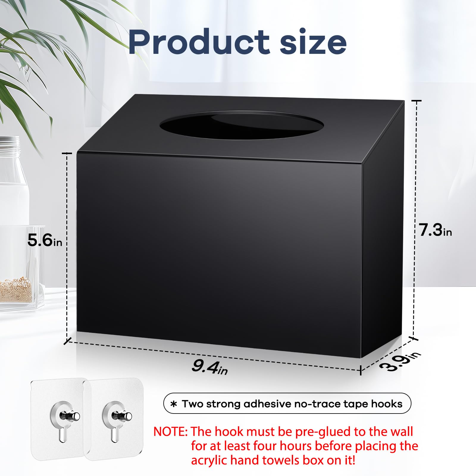 TAINESS black acrylic hand towel box on wall, side angle highlighting space-saving design.